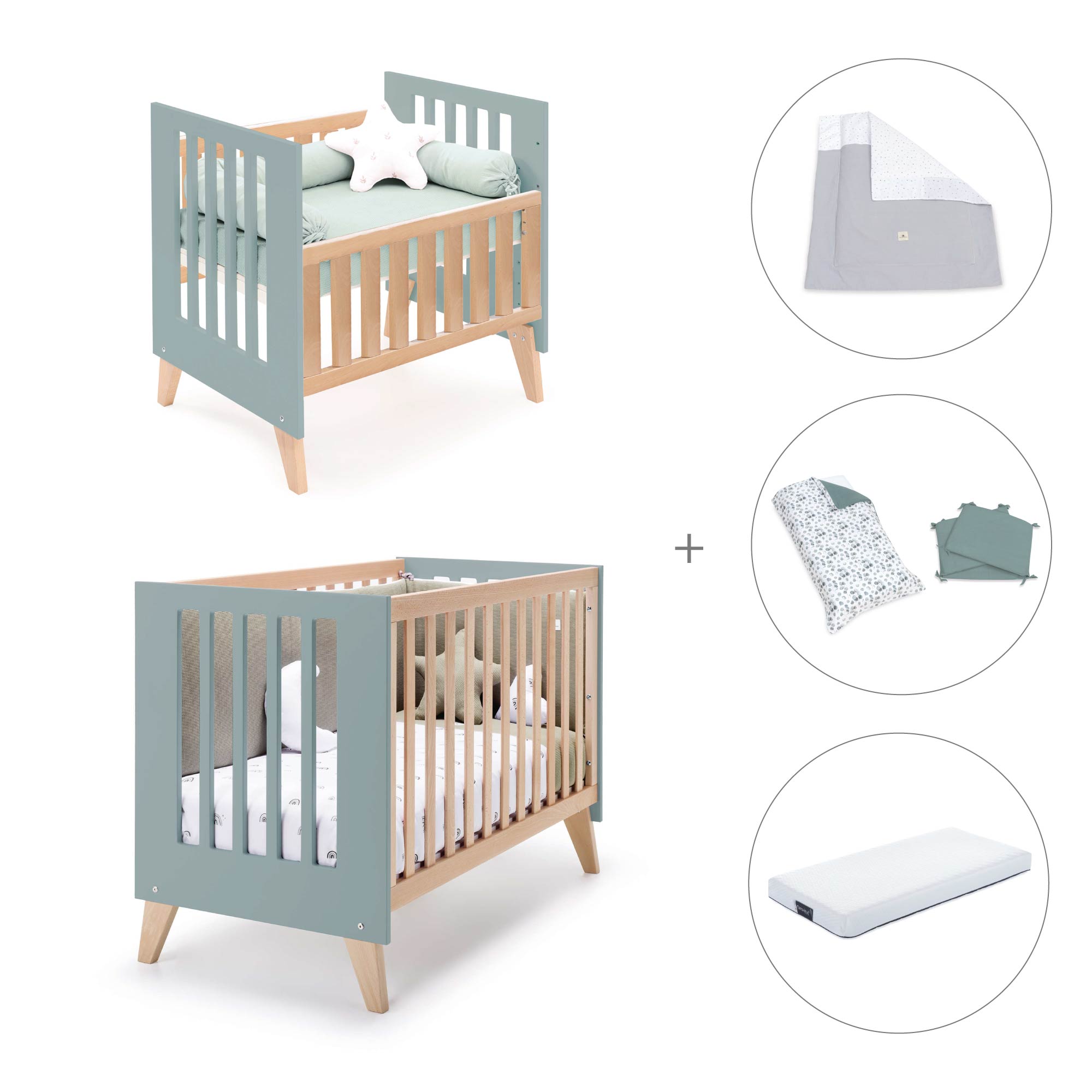 Minicuna convertible en cuna (7en1) madera/verde · Nexor Tre Eucalyptus C187RT-M5795