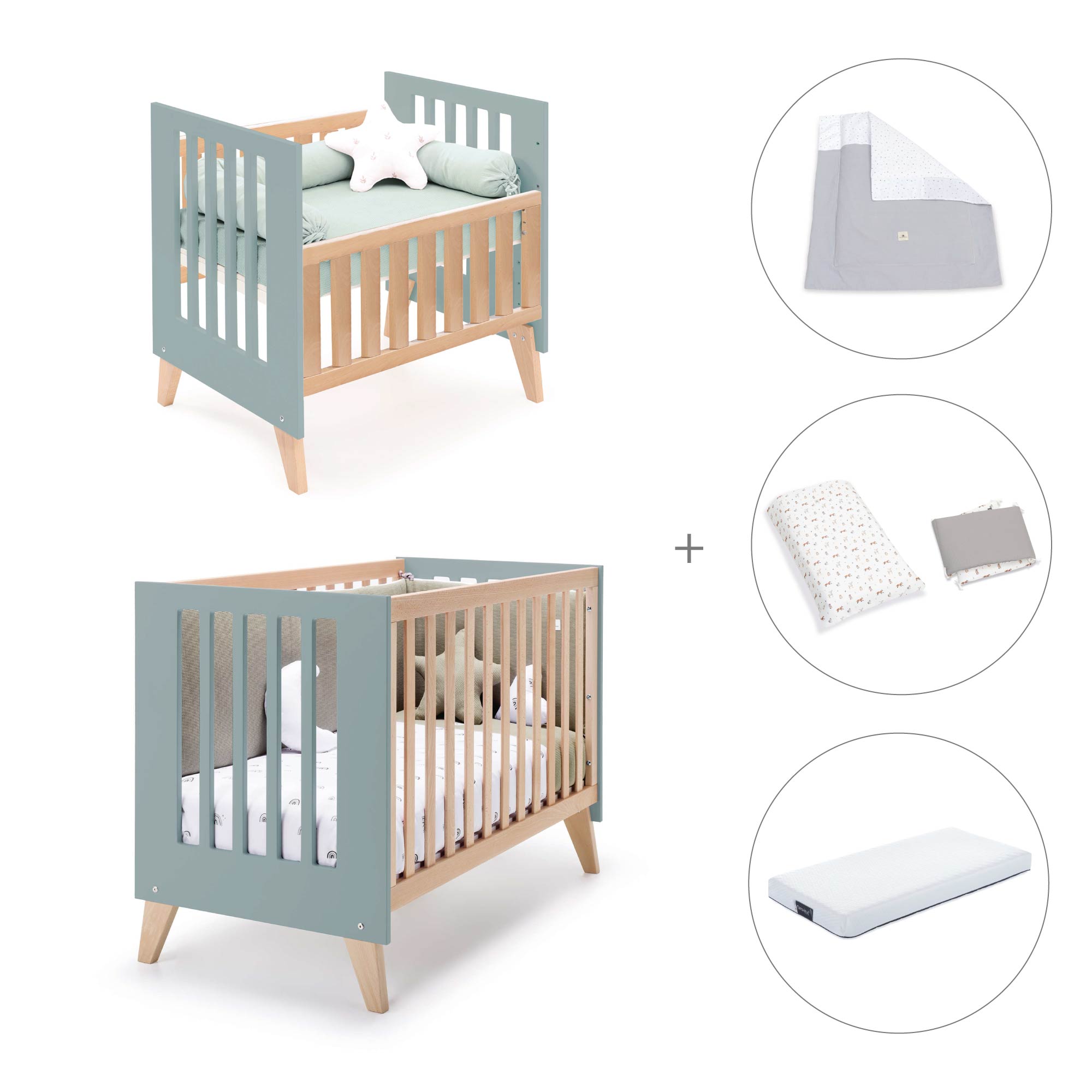 Minicuna convertible en cuna (7en1) madera/verde · Nexor Tre Eucalyptus C187RT-M5795