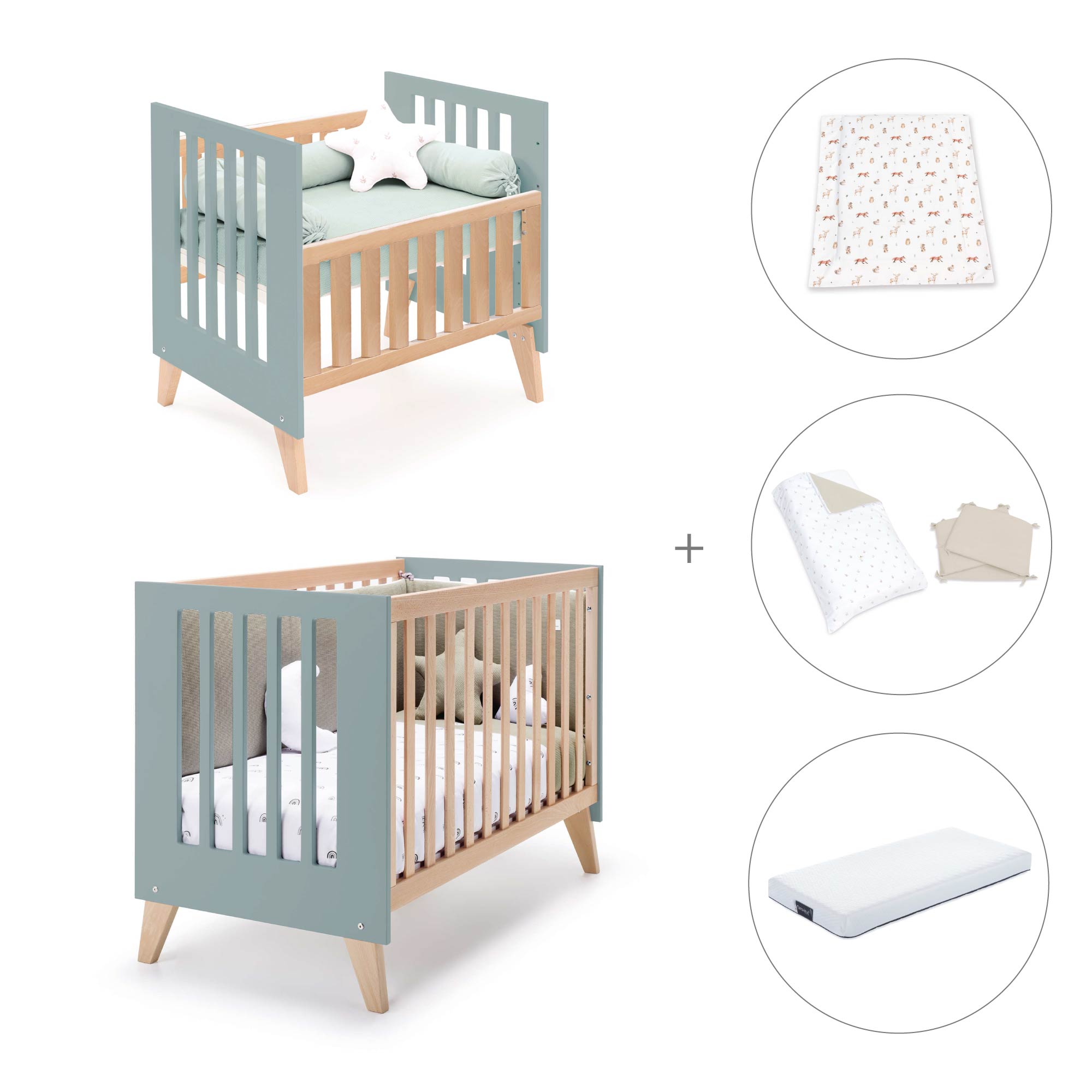 Minicuna convertible en cuna (7en1) madera/verde · Nexor Tre Eucalyptus C187RT-M5795