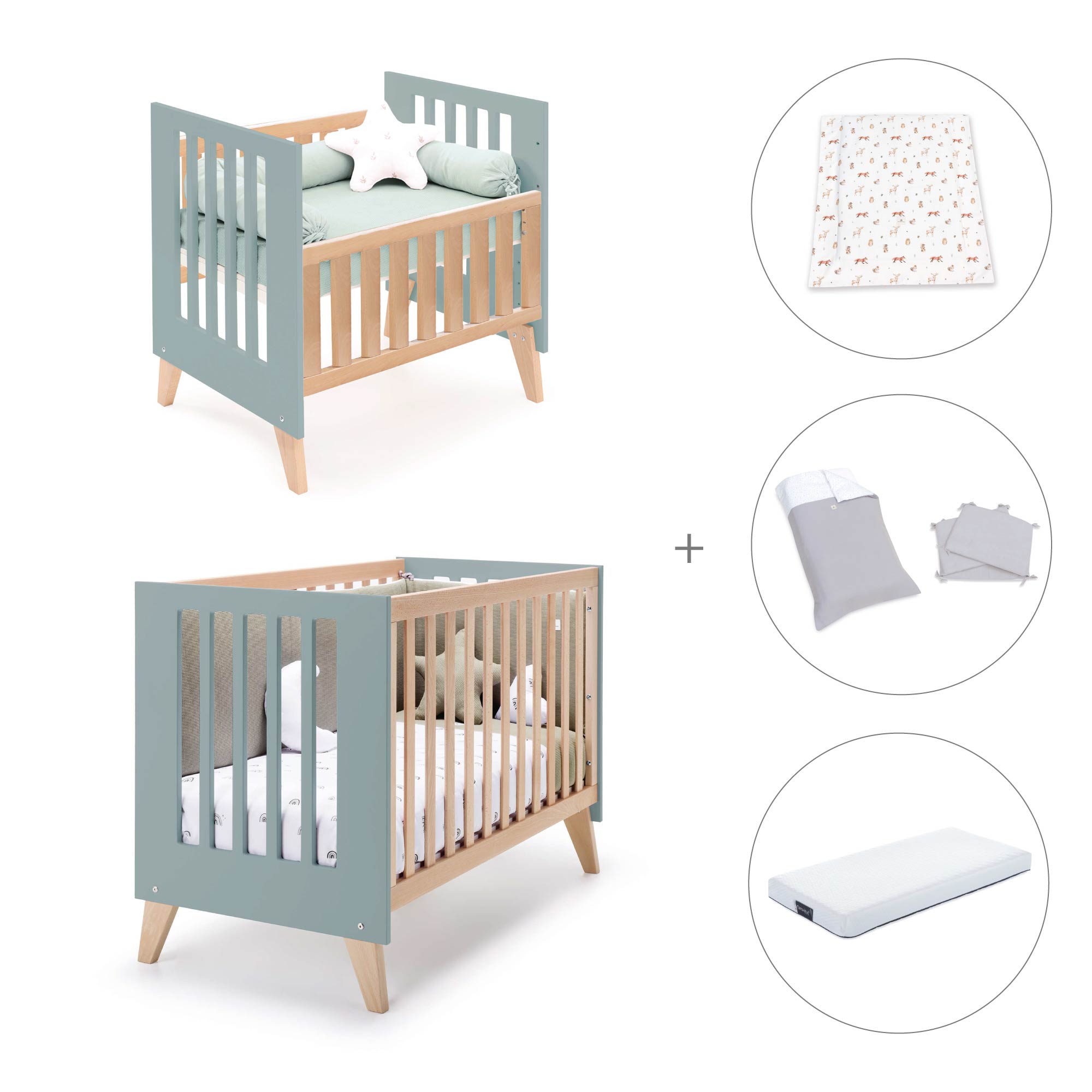 Minicuna convertible en cuna (7en1) madera/verde · Nexor Tre Eucalyptus C187RT-M5795