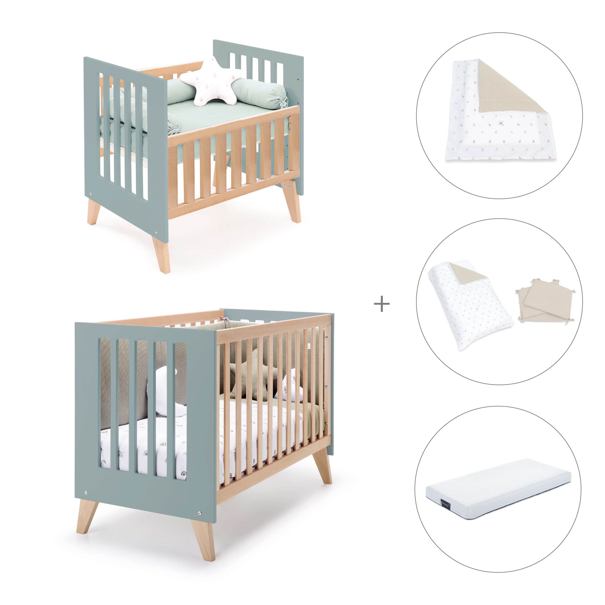 Minicuna convertible en cuna (7en1) madera/verde · Nexor Tre Eucalyptus C187RT-M5795