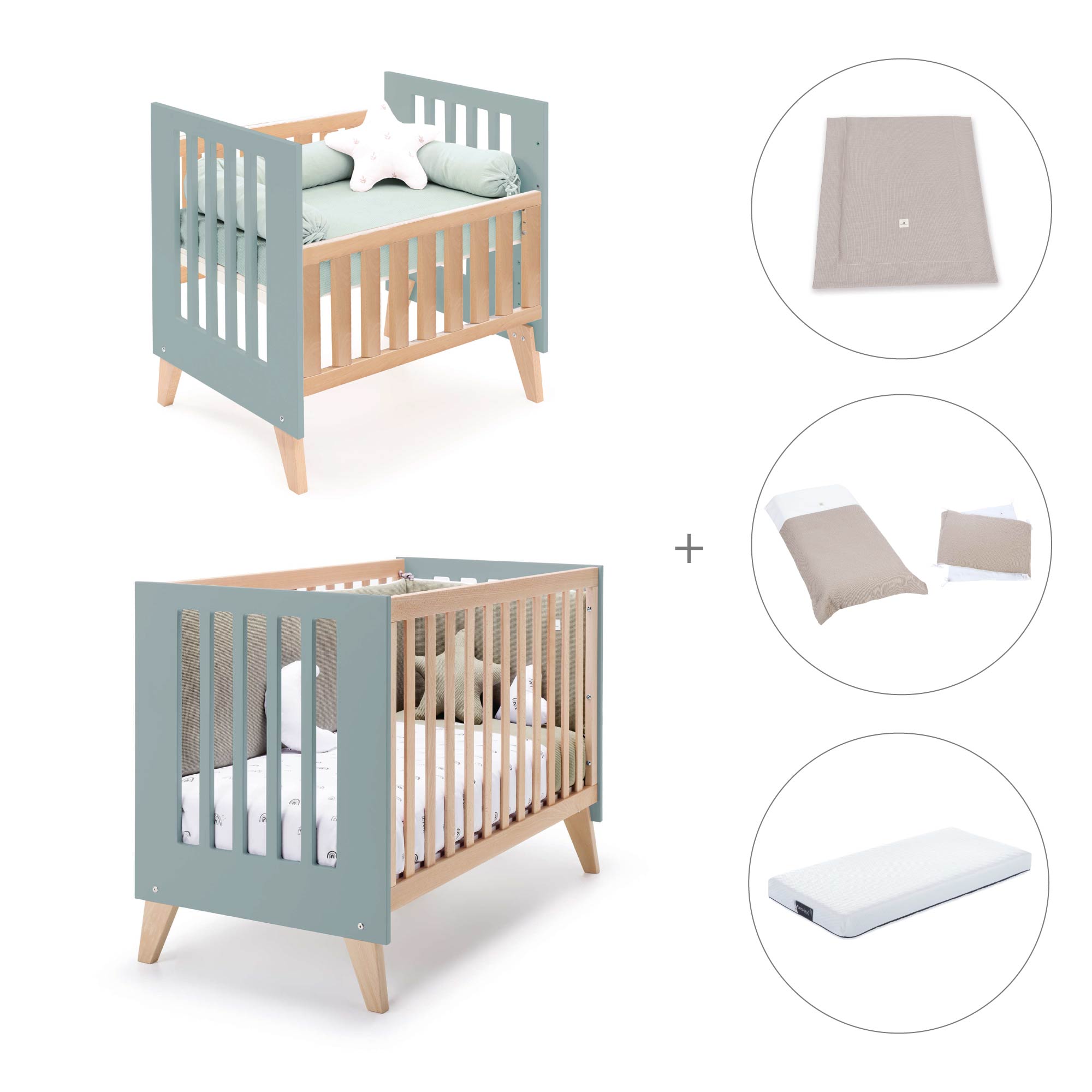 Minicuna convertible en cuna (7en1) madera/verde · Nexor Tre Eucalyptus C187RT-M5795