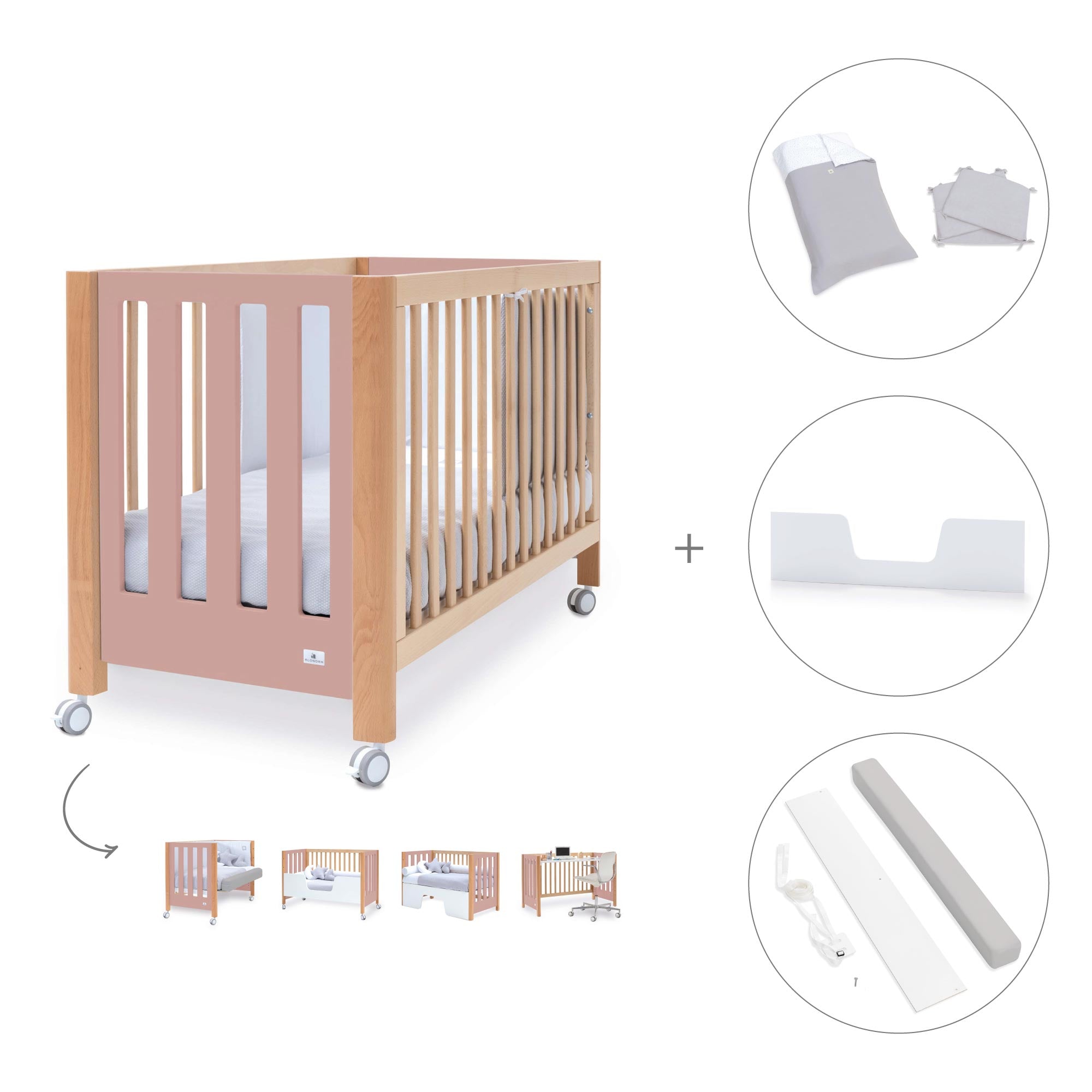 Cuna colecho 60x120 cm (5en1) madera/rosa · Occa C166-M9559
