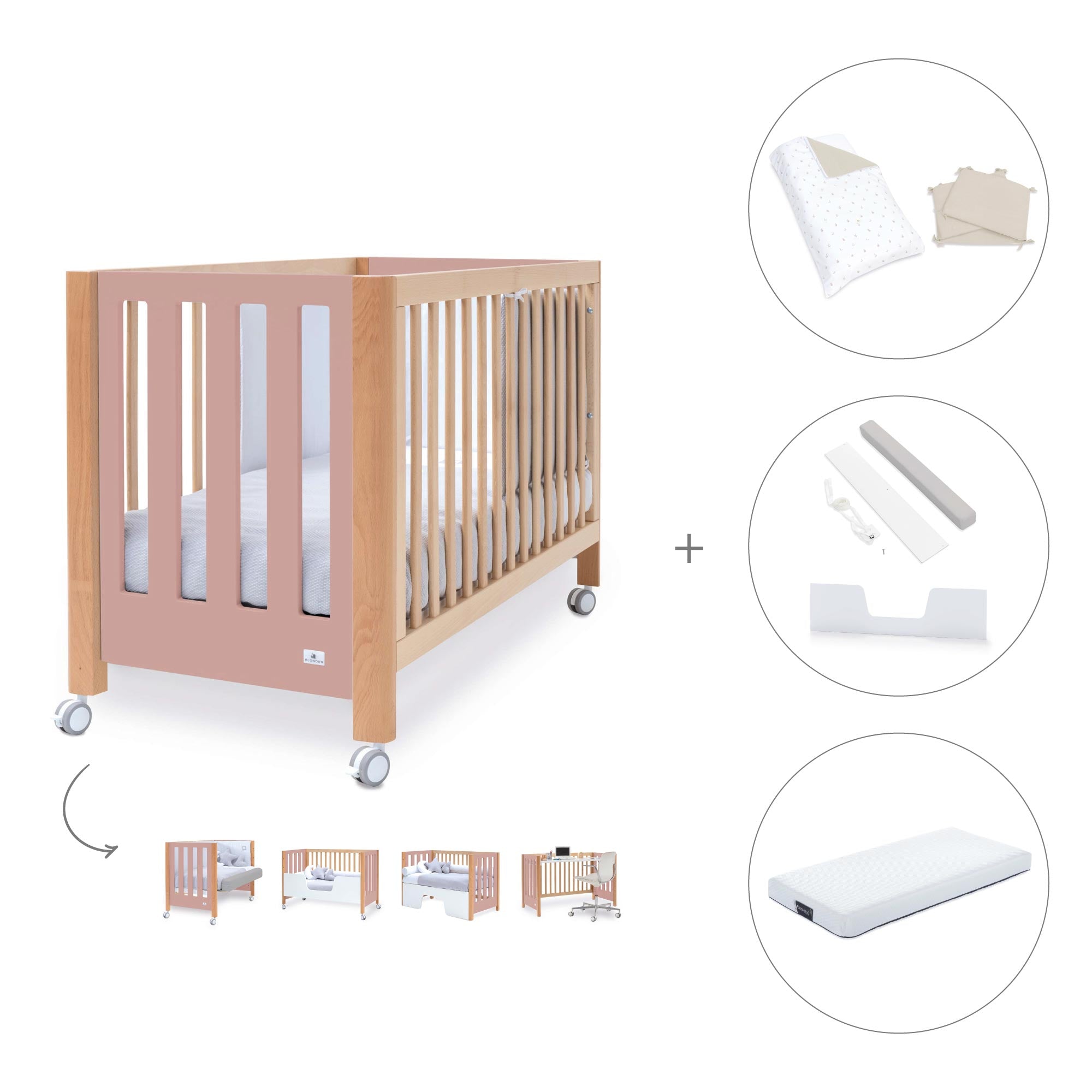 Cuna colecho 60x120 cm (5en1) madera/rosa · Occa C166-M9559