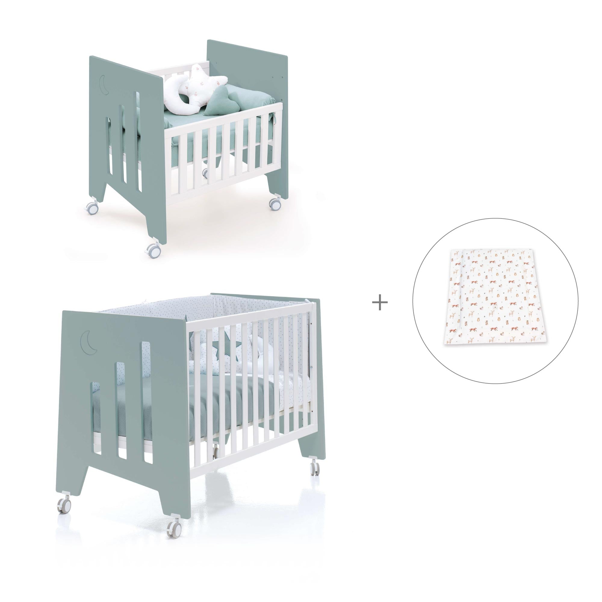 Minicuna 60x80 cm y cuna 60x120 cm (7en1) verde eucalipto · Omni Tre Eucalyptus C181T-M7757