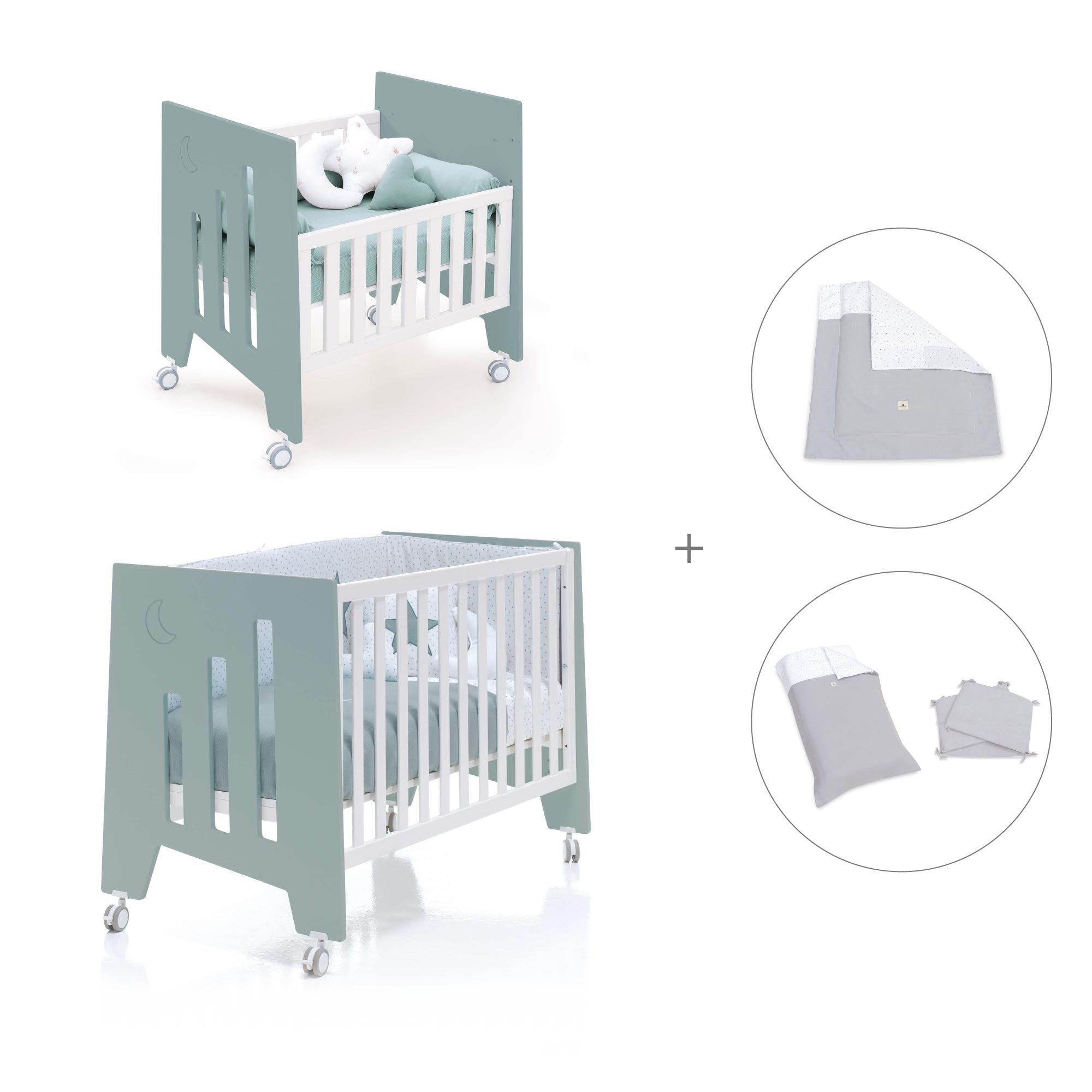 Minicuna 60x80 cm y cuna 60x120 cm (7en1) verde eucalipto · Omni Tre Eucalyptus C181T-M7757