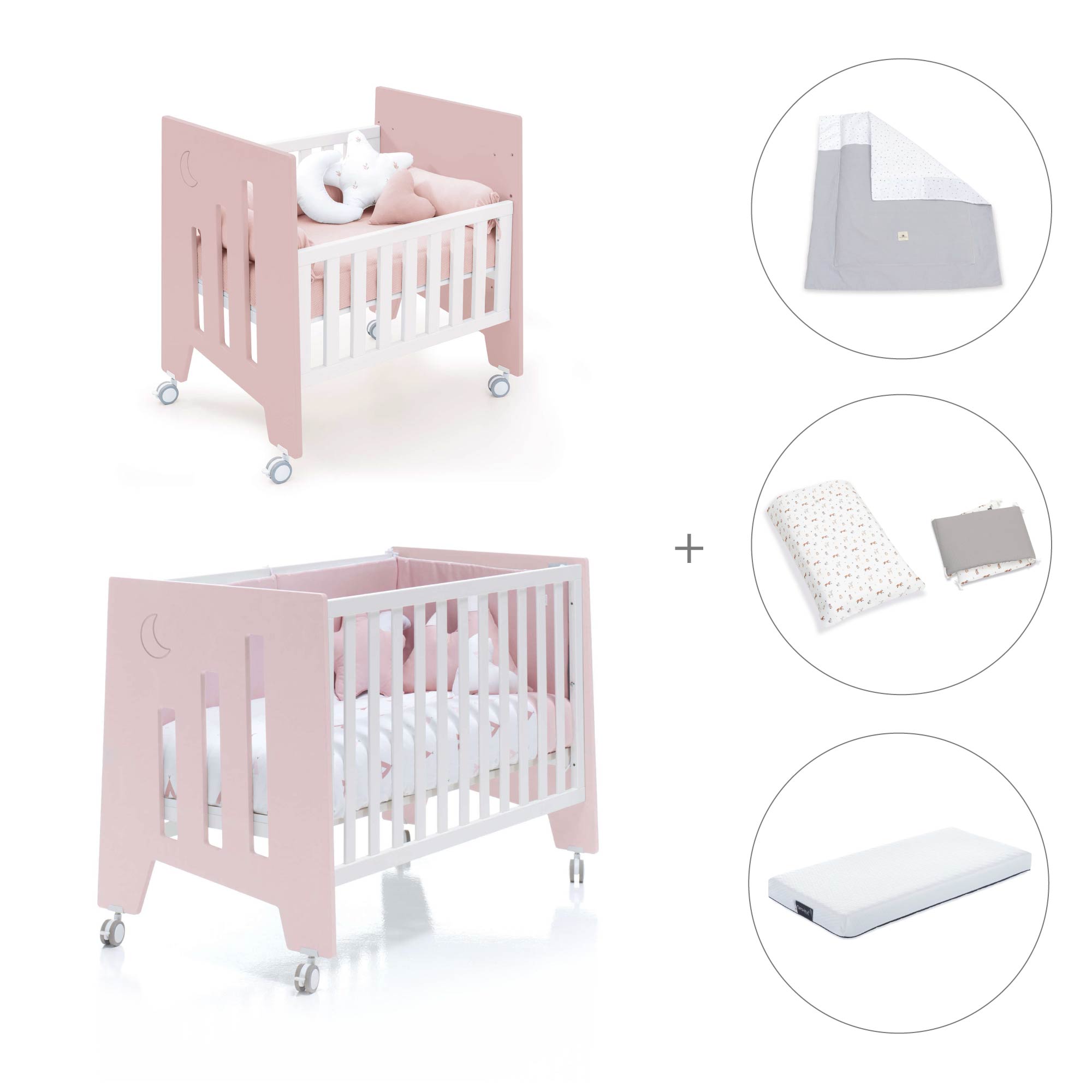 Minicuna 60x80 cm y cuna 60x120 cm (7en1) rosa claro · Omni Tre Flamingo C181T-M7742