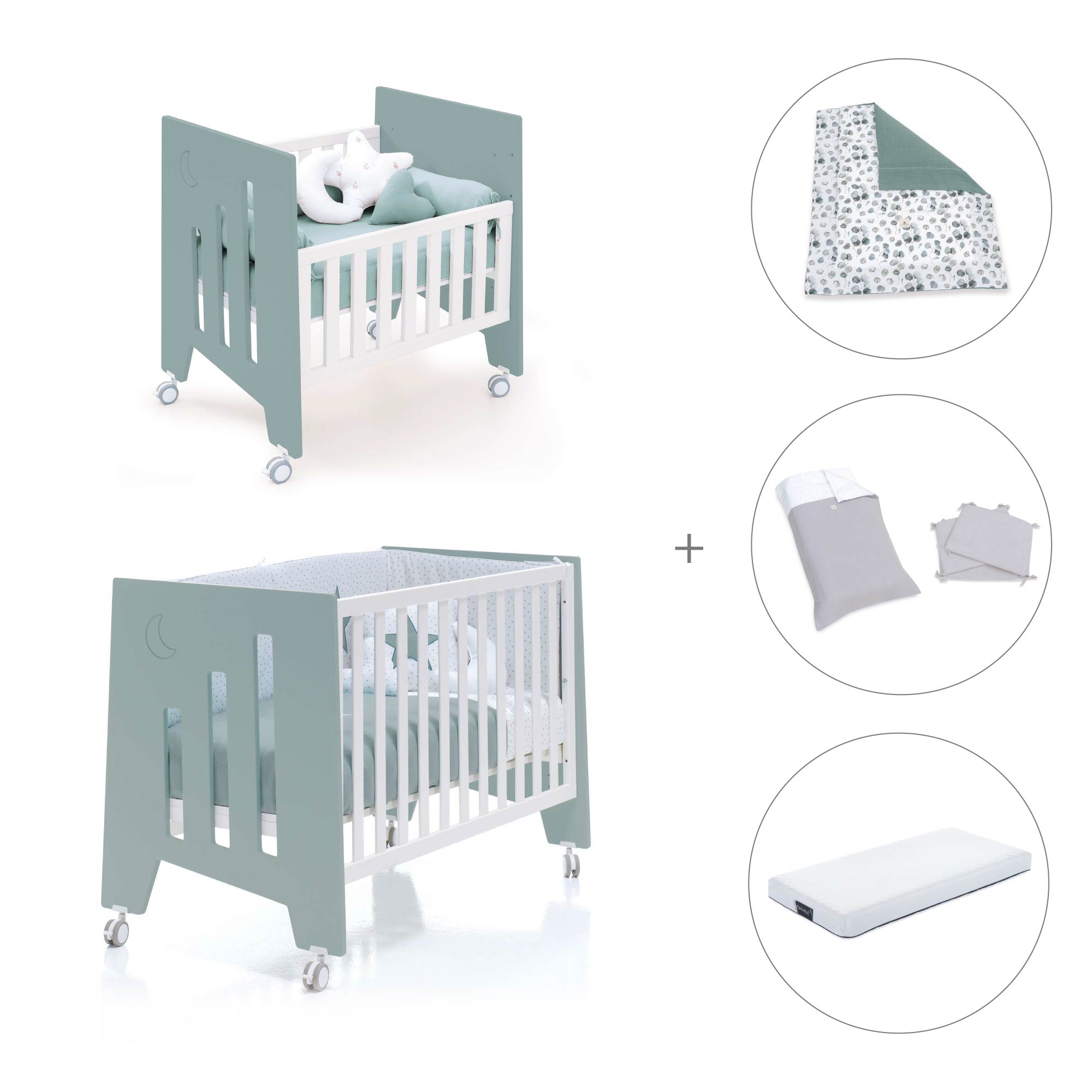 Minicuna 60x80 cm y cuna 60x120 cm (7en1) verde eucalipto · Omni Tre Eucalyptus C181T-M7757