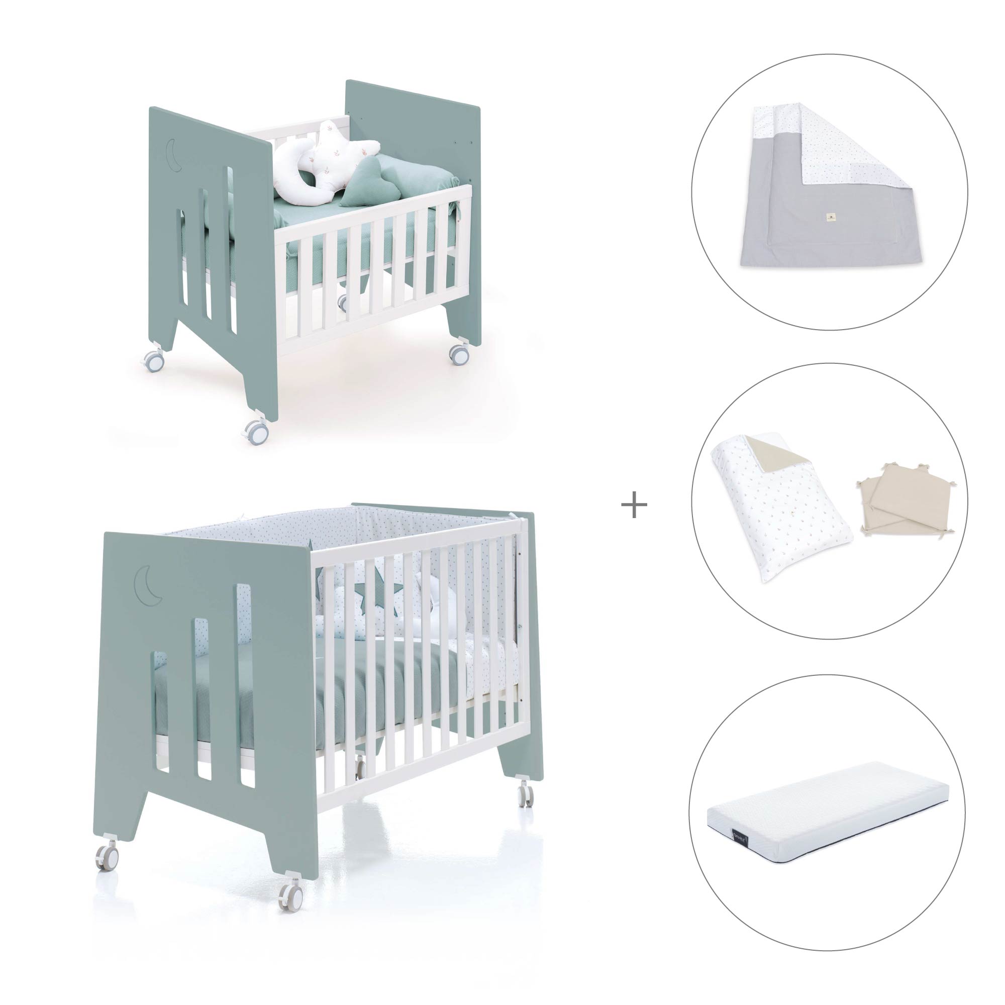 Minicuna 60x80 cm y cuna 60x120 cm (7en1) verde eucalipto · Omni Tre Eucalyptus C181T-M7757