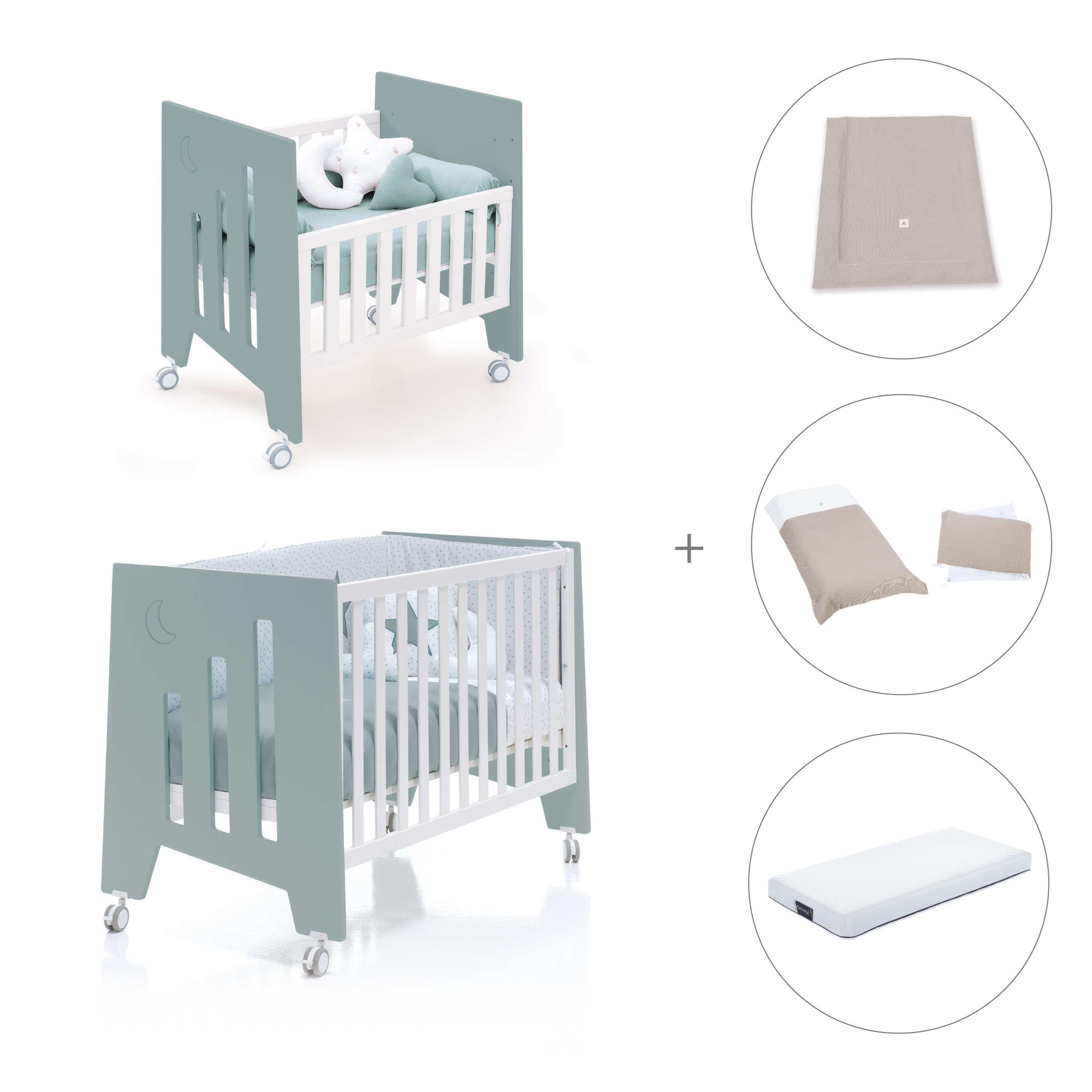 Minicuna 60x80 cm y cuna 60x120 cm (7en1) verde eucalipto · Omni Tre Eucalyptus C181T-M7757