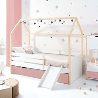 Cuna casita Montessori de madera, con tobogán para juegos y diseño educativo para niños