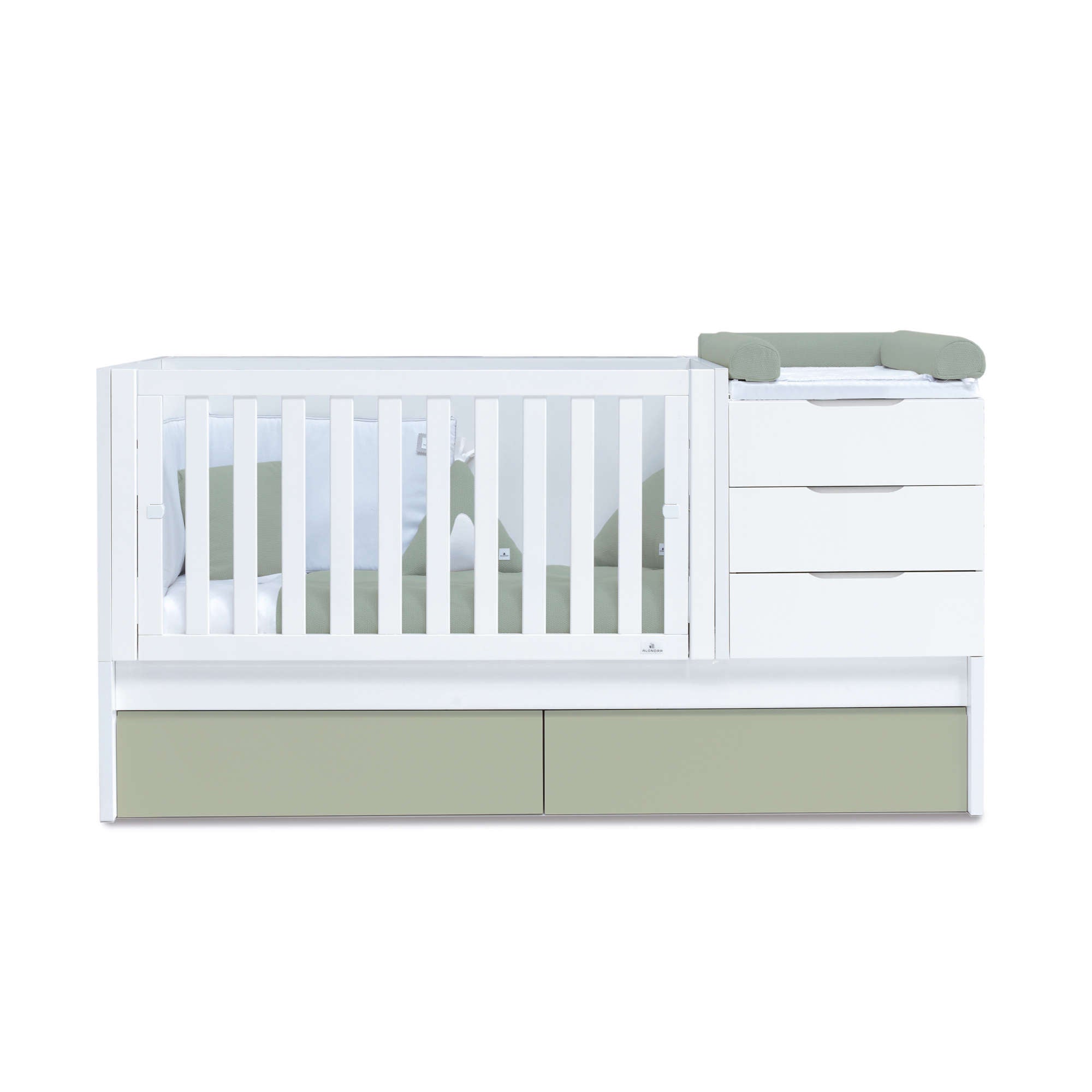 Cuna convertible 70x140 cm blanca/verde-oliva · Sero More K546-M7756
