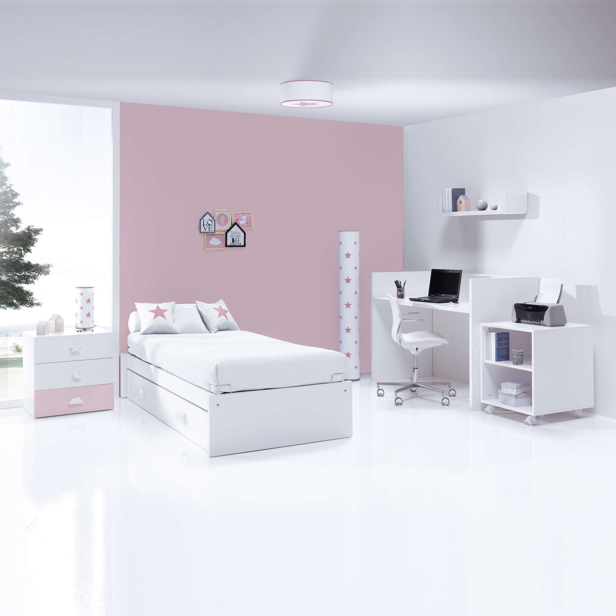 Cuna evolutiva rosa convertible en cama juvenil de 2 metros con escritorio y estantería